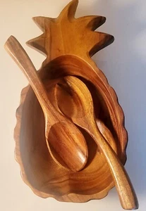 Wood Pineapple Severing Bowl w/ Serving Spoon & Fork Genuine Monkey Pod Handmade - Picture 1 of 20