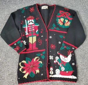 Strickjacke Damen Weihnachten Oma schwarz Nussknacker Bär M hergestellt in den USA Vintage - Bild 1 von 8