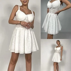 Vestito Donna corto mini abito elegante svasato pizzo ricami scollo coppe JK - Foto 1 di 3