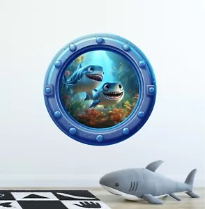 Baby Sharks Cartoon Ocean Porthole 3D Window Wall Decal Removable Wall Sticker - Picture 1 of 6