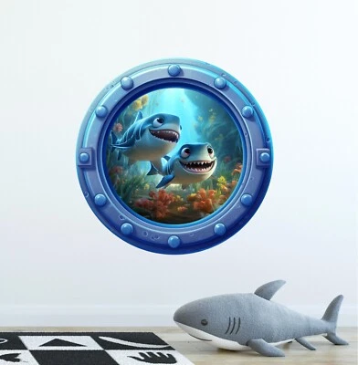 Calcomanía de pared extraíble para ventana 3D ojo de buey océano dibujos animados de tiburones bebés Foto 1 de 4