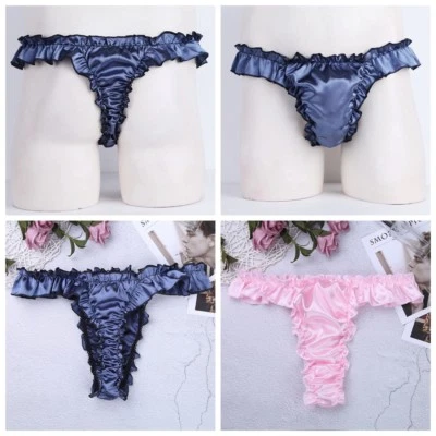 Herren Sissy Satin String Tanga Thongs mit Rüschen Höschen Unterwäsche Dessous - Bild 1 von 3