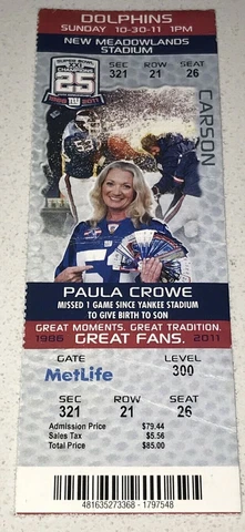 10/30/11 Miami Dolphins / New York Giants NFL Ticket Stub Eli Manning x 2 TDs Cover