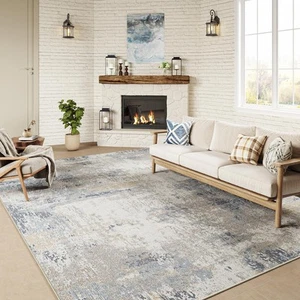 5x7 Washable Area Rug Blue Cream Neutral Abstract Living Room Bedroom Throw R... - Picture 1 of 7
