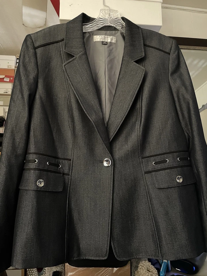 Blazer TAHARI Arthur Levine Petit Denim Look 14P Borde Negro Botones Plateados Foto 1 de 4
