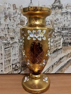 Vintage Böhmisch Tschechisch Preiselbeere Rot Emaille Handgeschliffen Kristall Vase 10". EUC. - Bild 1 von 19