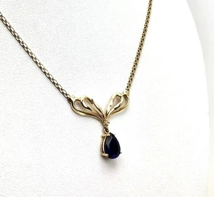 14k ATL Solid Yellow Gold Blue Sapphire Diamond Necklace 16 3/4”, 5.99 Grams - Picture 1 of 12