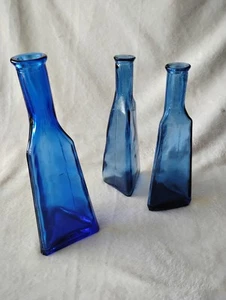 Lot Of 3 Triangled Glass Bottles, 1 Cobalt Blue 10.5"  & 2 Blue Bottles 9" - Picture 1 of 12