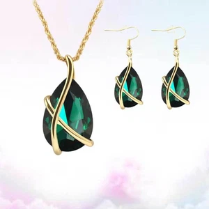 Alloy Green Necklace Earring Jewelry Set Rhinestone Ear Drop Neck Pendant - Picture 1 of 11