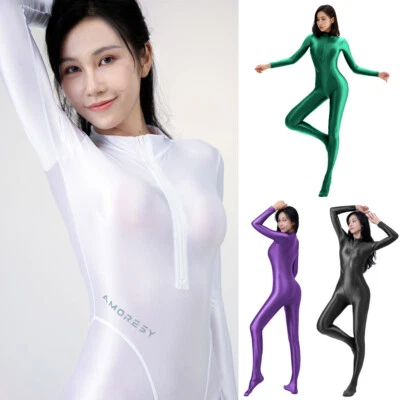 AMORESY Women Shiny One Piece Jumpsuit Front Zipper Long Sleeve Sports Bodysuits - Photo 1/4