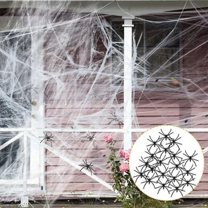 Halloween Decoration 100g Cobweb Cotton with 20 Fake Spiders Stretch Spider Web - Picture 1 of 17