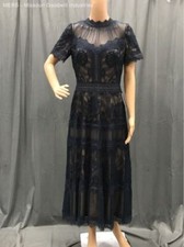 Tadashi Shoji Navy Blue & Tan Lace High Neck Pleated Cocktail Dress - Size 8