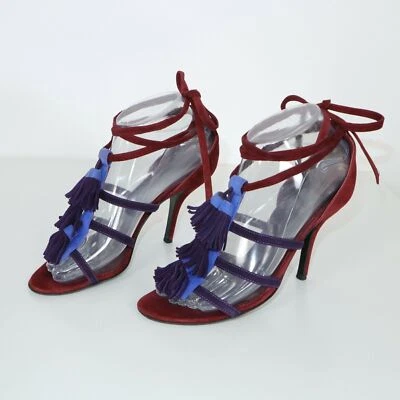 Sergio Rossi Sandals Heels 5.5 36 Suede Burgundy Purple Strappy Lace Up Tasseled - Image 1 of 4