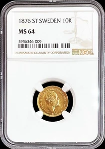 1876 ST GOLD SWEDEN 10 KRONOR OSCAR II COIN NGC MINT STATE 64 - Picture 1 of 2