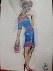 ACEO aquarelle peinture femme avec sac à main œuvre d'art miniature