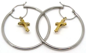 14k Two-Tone Diamond Cut Dangle Cross Hoop Earrings - Picture 1 of 5