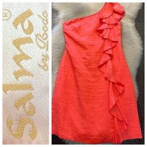 Salma by Rodo Vintage Rüschen One Shoulder Leinen Kleid gefüttert orange Gr. Small - Bild 1 von 12