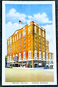 JACKSON MICHIGAN Hotel Hayes Gebäude Bettwäsche 1958 gestempelt Vintage alte Postkarte - Bild 1 von 4