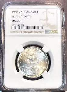 1958 VATICAN SILVER 500 LIRE S500L SEDE VACANTE NGC MS 65+ GEM BU GREAT LUSTER - Picture 1 of 3