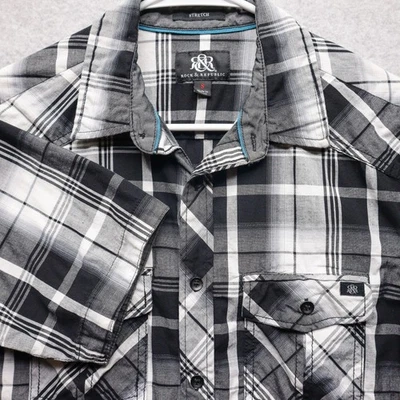 Rock & Republic Shirt Mens S Black White Plaid Stretch Western Short Sleeve - Image 1 of 4