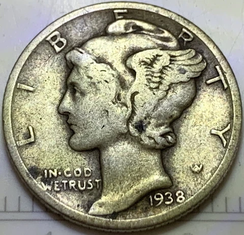 1938-P 0.9 Silver Mercury Dime Fine: Lines Fasces Present Cover