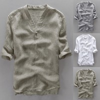 Mens Casual Cool Shirt Short Sleeve Linen Retro Kung Fu Blouse Shirts Tee Tops