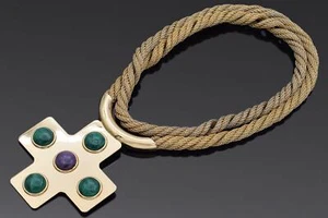 Vintage Lanvin Paris Gold Plated Green Purple and Lucite Cross Pendant Necklace - Picture 1 of 4