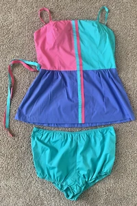 Vintage Sea Waves Colorblock Swim Dress W/Matching Pants & Belt - Size 18 - Picture 1 of 6