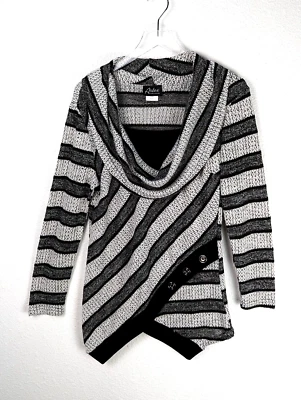 Artex Women's Cowl Neck Tunic L Black Striped Long Sleeve Pointed Hem Long Slv. Foto 1 de 4