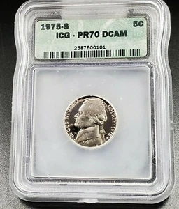 1975 S Jefferson Nickel Coin Vintage ICG PR70 DCAM Deep Cameo Gem Cameo Proof - Picture 1 of 3