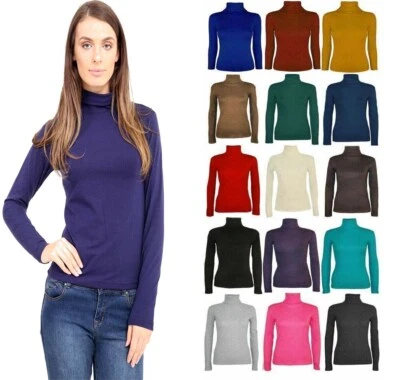 WOMENS POLO NECK TOP STRETCH LADIES LONG SLEEVE TURTLE NECK TOP JUMPER 8-26 - Image 1 of 2