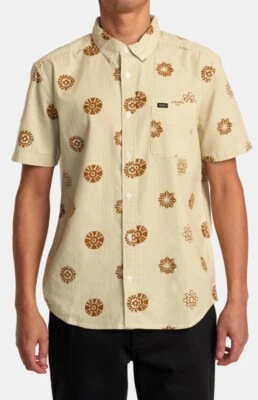 $66 RVCA Para hombres S/S Camisa Botón ENDLESS SEERSUCKER - Dorada - Mediana - Nueva Con Etiquetas Foto 1 de 4
