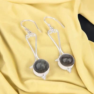 Natural Labradorite Gemstone Handmade Jewelry 925 Sterling Silver Earrings AT - Image 1 of 4