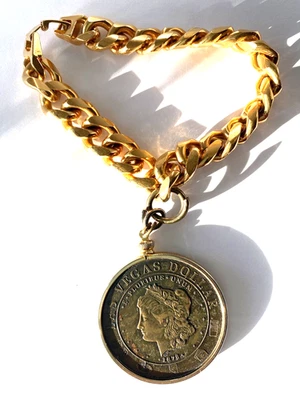 Pulsera Cadena Tono Dorado Maxi Dije Original VintageLas Vegas Casino Dólar Moneda Foto 1 de 4