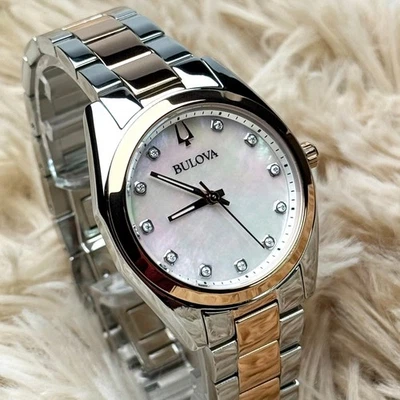 Bulova Surveyor Mother of Pearl White Dial Rose Gold Strap Women's Watch 98P207 - Image 1 of 4
