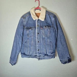 Levis Denim Premium Jacket Mens Blue Denim Sherpa Lined Snap Button Size Small - Picture 1 of 13