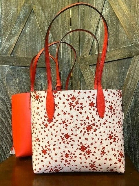 Kate Spade Heart Love Shack Reversible Tote Bag Lobster Pouch Red Handbag Purse