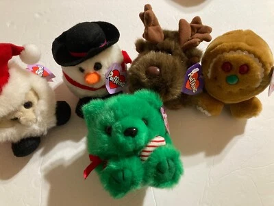 5 Puffkins Christmas Plush Bear Santa Snowman & Gingerbread Man Retro 90s doll  - Image 1 of 4