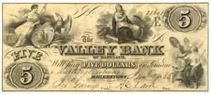1855 Valley Bank of Maryland, Hagerstown, MD $5 banconota obsoleta n.21691 (60035) - Foto 1 di 2