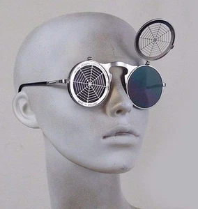 round silver flip up sunglasses vintage Cosplay Steampunk spider web Halloween - Picture 1 of 2