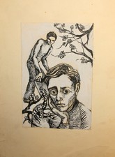 Vintage modernist portrait ink painting