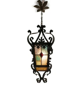 Antique Art Deco Chandelier Pendant Light Ornate Wrought Iron Colored Leaded Gla - Picture 1 of 11