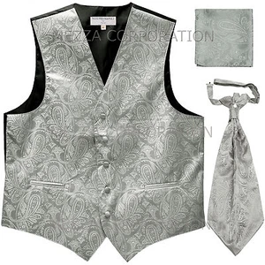 New Men's Paisley Tuxedo Vest Ascot Cravat Hankie set Silver formal wedding prom - Picture 1 of 3