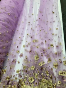 Lavender 3d Gold Floral Embroidery Pearls On Mesh Lace Fabric By yard 57" wide - Picture 1 of 13