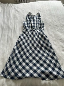 Hobbs Navy Blue White Check Sleeveless Cross Back Midi Dress Size 14 FLAW Pocket - Picture 1 of 16