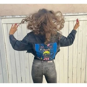 311 90s Rock Upcycled Retro Vintage Rhinestone Black Denim Crop Jacket Size S/M - Picture 1 of 14