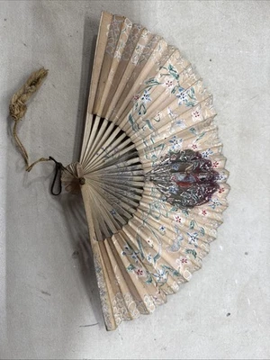 Vintage Japanese Fan 1930s Bamboo Wood Hand Painted Paper Ladies Flowers Floral - Image 1 of 4
