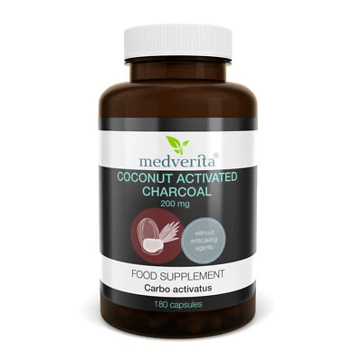 MEDVERITA 180 capsules ACTIVATED CHARCOAL 200mg (Coconut Shell) Detox, Toxins Bloating