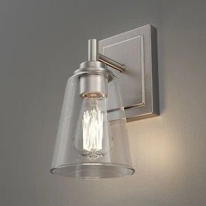 E26 Base Wall Mount Light Fixture Flared Shape Bathroom with Clear Glass Shade - Picture 1 of 30