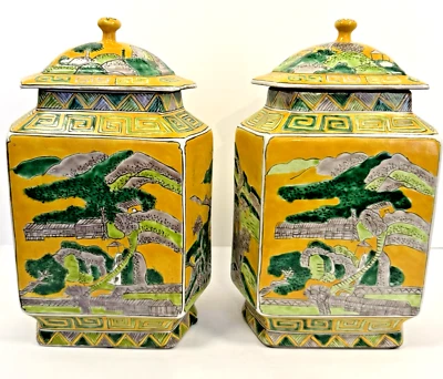 2 Vintage Chinese Famille Verte Kangxi Porcelain Hexagon Lidded Jars Vases Pots - Image 1 of 4